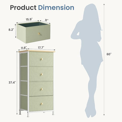 DUMOS Nightstand with 4 Drawers, Bedside Table with Removable Fabric Bins, Sturdy Steel Frame Wood Top Organizer Furniture for Bedroom Closet Living Room, Sage Green