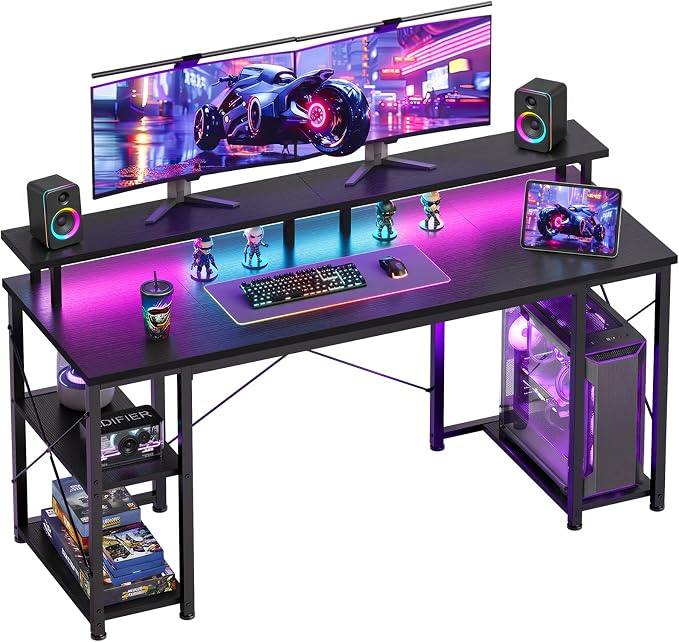 ODK 55 inch Gaming Desk with LED Lights & Power Outlets, Computer Desk with Monitor Stand & Storage Shelves, CPU Stand, Home Office Desk, Black