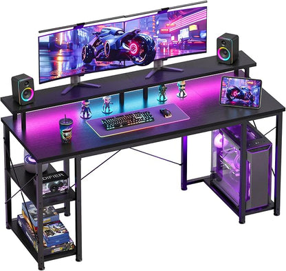 ODK 55 inch Gaming Desk with LED Lights & Power Outlets, Computer Desk with Monitor Stand & Storage Shelves, CPU Stand, Home Office Desk, Black
