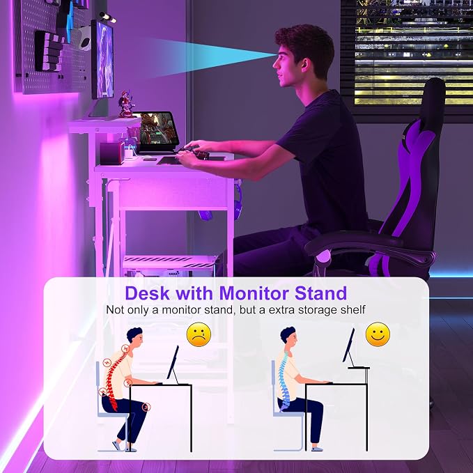 X-cosrack 33.5" Small Computer Desk with Monitor Stand & Outlets, Small Gaming Desk with LED Light & CPU Stand, Teen Study Writing Table with Storage Drawer, Side Hooks for Bedroom, Home Office White