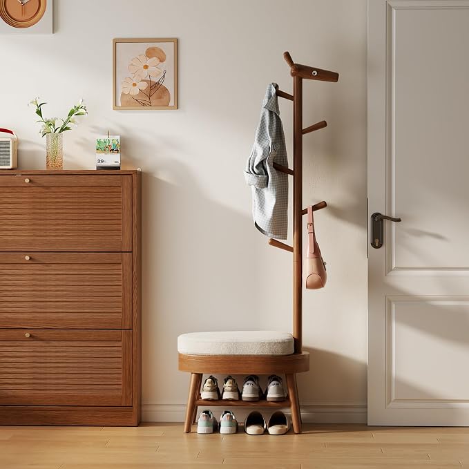 AQIMUELE Entryway Shoe Rack with Coat Rack, Wooden Shoe Bench with Upholstered Cushion, 3-in-1, 2-Tier Shoe Storage and Cute Animal Hooks for Entryway, Hallway, Closet (Walnut 24.4")