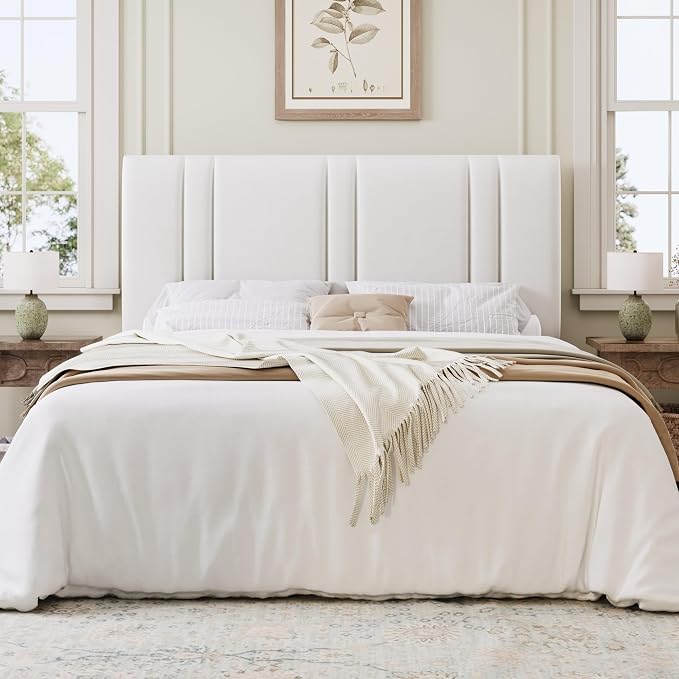 SHA CERLIN Queen Size Platform Bed Frame, Velvet Upholstered Bed with Adjustable Headboard, Vertical Channel Tufted Design, Sturdy Wood Slat Support, No Box Spring Needed, Easy Assembly, White