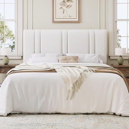 SHA CERLIN Queen Size Platform Bed Frame, Velvet Upholstered Bed with Adjustable Headboard, Vertical Channel Tufted Design, Sturdy Wood Slat Support, No Box Spring Needed, Easy Assembly, White