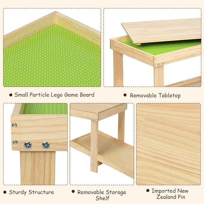 Costzon 2 in 1 Kids Activity Table w/Storage, Patented Building Block Table w/Board for Bricks Crafts Arts Draw, Children Solid Wood Play Table Desk for Preschool Toddler Boy & Girl Gift, Natural
