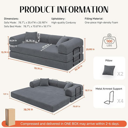 79'' Convertible Sofa Bed, Boneless Couch-in-a-Box, Corduroy Floor Futon Loveseat Sleeper, 26'' Deep Seat, Removable Machine-Wash Covers, No Assembly, 2 Pillows, Dark Grey