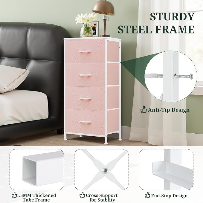 4 Drawers Dresser for Bedroom, Fabric Storage Tower Organizer with Wooden Top and Steel Frame, Tall Chest of Drawers for Closet, Entryway, Dorm, Pink