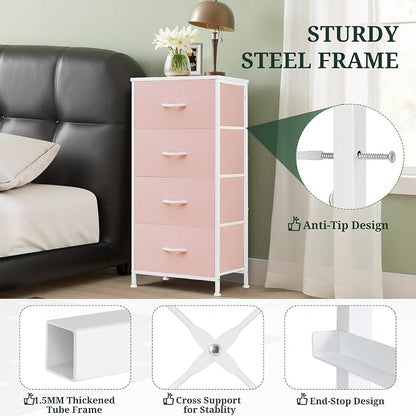 4 Drawers Dresser for Bedroom, Fabric Storage Tower Organizer with Wooden Top and Steel Frame, Tall Chest of Drawers for Closet, Entryway, Dorm, Pink