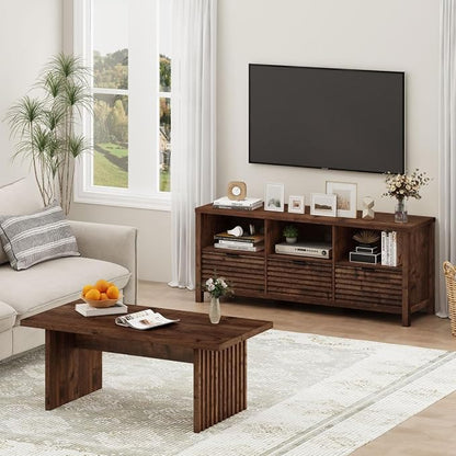 BON AUGURE Coffee Table for Living Room, 43Inch Farmhouse Wood Center Table, Rectangle Mid-Century Living Room Tables, Unique Fluted Panel Coffee Tables (Rustic Oak)