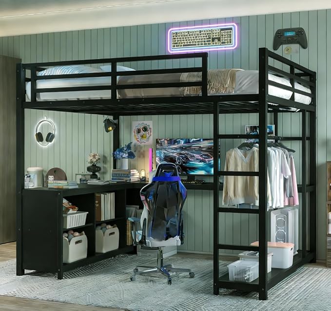 Bellemave Queen Size loft Bed with L Desk and Wardrobe, Metal Queen Size Loft Bed Frame for Adults, Kids, Teens, Black