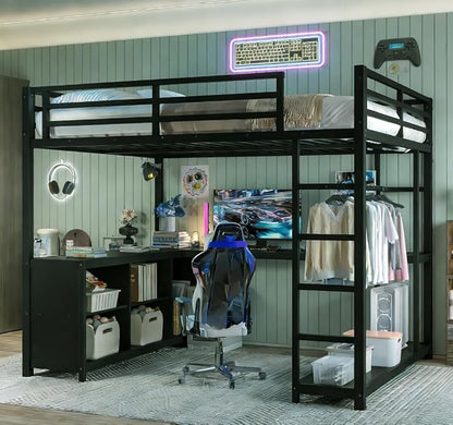 Bellemave Queen Size loft Bed with L Desk and Wardrobe, Metal Queen Size Loft Bed Frame for Adults, Kids, Teens, Black