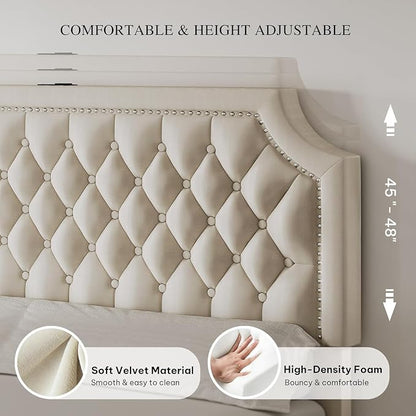 YITAHOME Full Size Bed Frame with Adjustable Headboard, 4 Storage Drawers and Charging Station, Velvet Upholstered Bed Frame with Button Tufted, No Box Spring Needed, Fast Assembly, Noise-Free,Beige