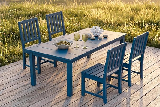 Perli™ 5-Piece Outdoor Dining Set, All-Weather HDPE Patio Furniture with 4 Armless Chairs and Rectangular Table, UV-Resistant 4-Person Set for Deck, Backyard, Blue
