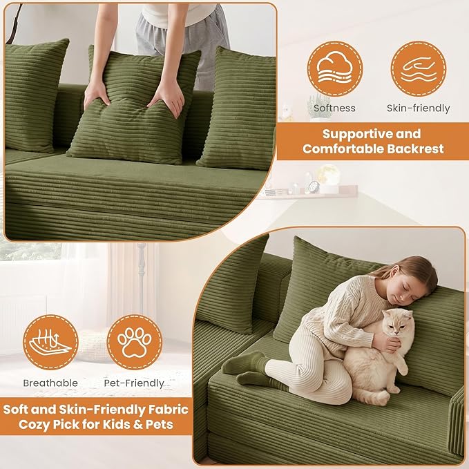 79" Modular Sectional Sofa, Boneless Convertible Sleeper Sofa Bed, Modern Tri-Folding Cloud Couch with L-Shape Chaise, Corduroy Futon for Living Room Small Spaces Apartment, No Assembly,Green