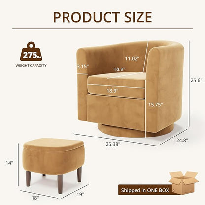 Swivel Accent Chair with Storage Ottoman Set of 2, Small Modern Velvet Barrel Chair, Upholstered Armchair with Footrest for Living Room/Reading/Bedroom, 24.8'' D x 25.38'' W x 25.6'' H, Yellow