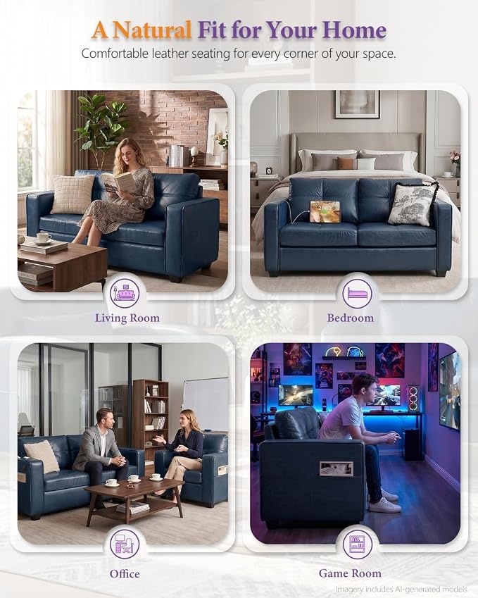 TYBOATLE 65" Faux Leather Loveseat for Bedroom, Mid-Century Modern Tufted Comfy Loveseat w/USB Charging Ports and Wide Arms, 2 Seat Office Small Couch, Blue