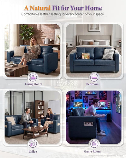 TYBOATLE 65" Faux Leather Loveseat for Bedroom, Mid-Century Modern Tufted Comfy Loveseat w/USB Charging Ports and Wide Arms, 2 Seat Office Small Couch, Blue
