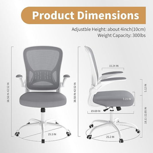 Youhauchair Mesh Office Chair, Ergonomic Home Office Desk Chairs with Flip-up Arms and Lumbar Support, Height Adjustable, Grey