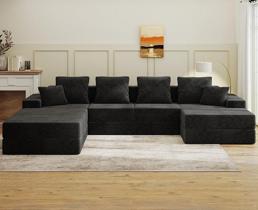 Living&Giving 128" U-Shaped Cloud Sectional Couch for Living Room, Cloud Boneless Couch-No Assembly with Reversible Chaise, Customizable 4-Seat Modular Sectional Sofa with 3 Ottoman, Black