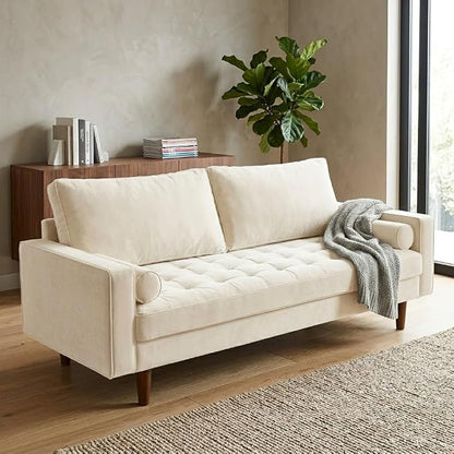 Container Furniture Direct Womble 70 Inch Velvet Sofa with Elegant Button Tufted Upholstery, Square Arms, Splayed Wood Legs, Includes Matching Bolster Pillows, Beige