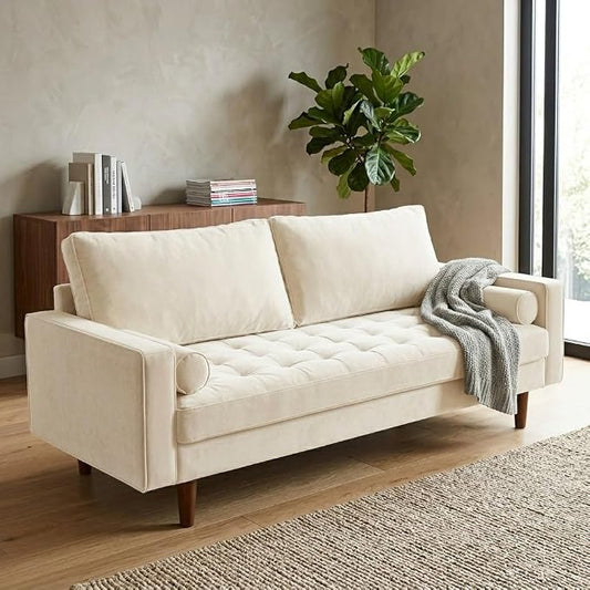 Container Furniture Direct Womble 70 Inch Velvet Sofa with Elegant Button Tufted Upholstery, Square Arms, Splayed Wood Legs, Includes Matching Bolster Pillows, Beige