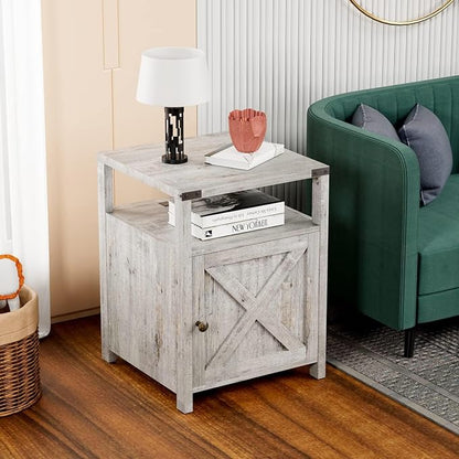 Farmhouse Nightstand Set of 2 with Charging Station, Rustic End Table Bedroom with Storage Living Room Side Table Grayish White Night Stand Industrial Bedside Table