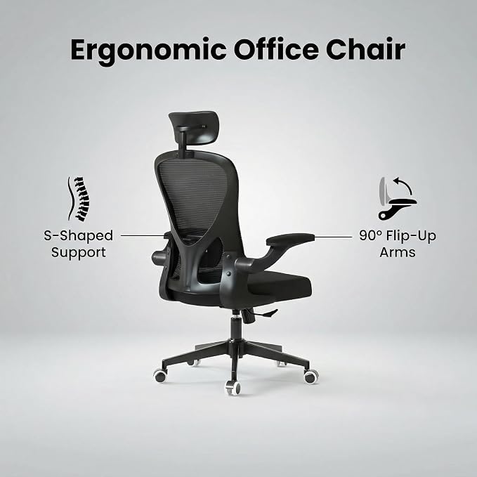 Monhey Office Chair Ergonomic Desk Chair with Lumbar Support&Headrest&Flip-up Arms Height Adjustable Rocking Swivel High Back Computer Chair Warm Taupe Mesh Study Chair (10black)