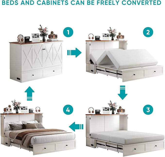 BALUS Queen Size Murphy Bed, Cabinet Bed with USB Charging Station & Storage Drawers, Queen Murphy Cabinet Beds for Living Rooom, Apartment, Guest Room, Bedroom, No Mattress-White