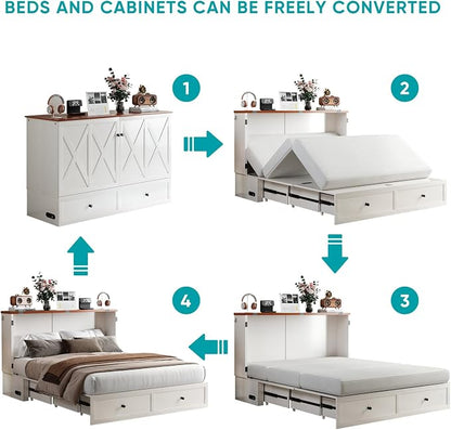 BALUS Queen Size Murphy Bed, Cabinet Bed with USB Charging Station & Storage Drawers, Queen Murphy Cabinet Beds for Living Rooom, Apartment, Guest Room, Bedroom, No Mattress-White