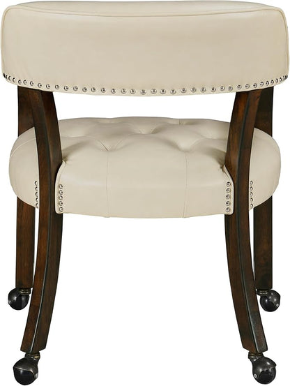 LEEMTORIG Set of 2 Dining Chairs with Casters and Arm, Large Rolling Dining Chairs with Wheel, Solid Wood Game Poker Table Chair, 26" D x 25.2" W x 31.5" H, Espresso Legs & Beige PU, XXY-1910-BG