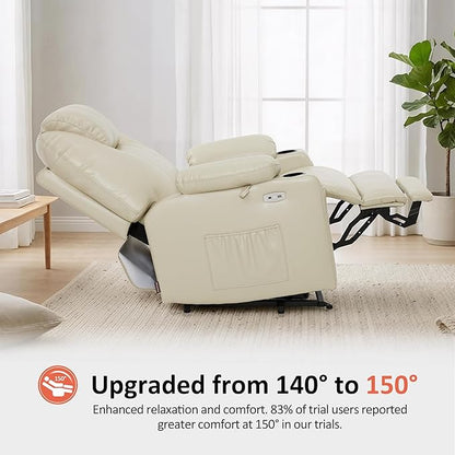 MCombo Extra Wide Power Lift Recliner Chair for Elderly, Lift Chair with Heat and Massage for Big People, USB&Type C Ports, Cup Holders, Faux Leather R7045 (Cream White, Medium-Wide)