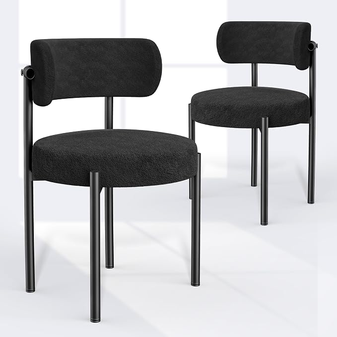 PatioPerk Boucle Dining Chairs Set of 2, Black Mid Century Morden Chair with Curved Backrest, Round Upholstered Sherpa with Metal Legs, Suitable for Various Kitchen Styles