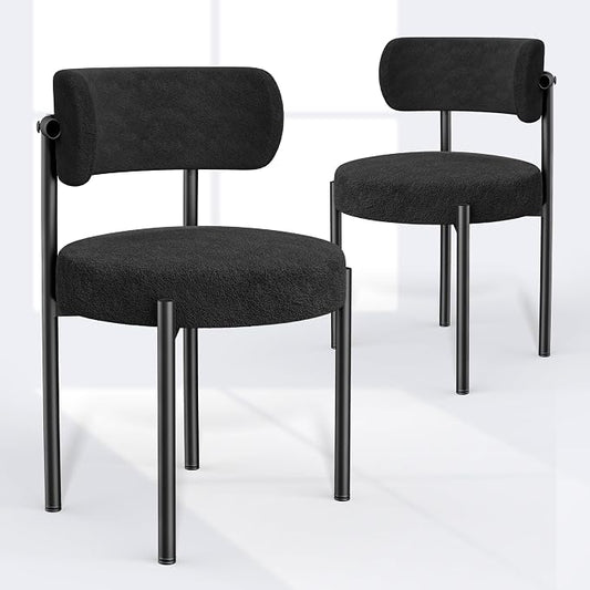 PatioPerk Boucle Dining Chairs Set of 2, Black Mid Century Morden Chair with Curved Backrest, Round Upholstered Sherpa with Metal Legs, Suitable for Various Kitchen Styles