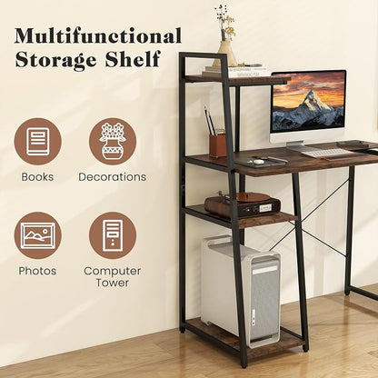 Tangkula Computer Desk with Shelves, Space Saving Home Office Desk with 3-Tier Ladder Shaped Storage Bookshelf, Modern Writing Study Desk with Metal Frame, Compact Computer Workstation (Rustic Brown)