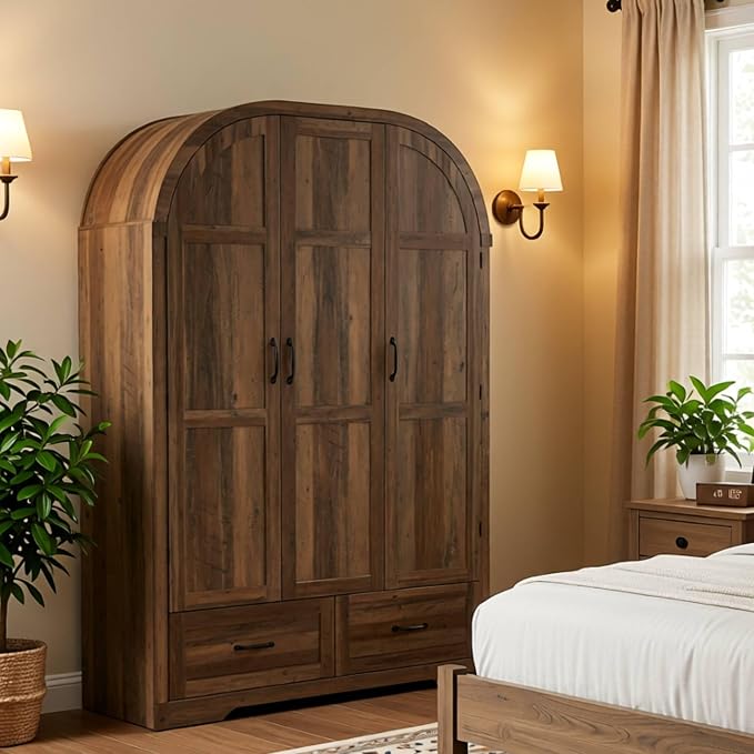 Squireewo 3 Doors Armoire Wardrobe Closet with Doors and Drawers, 71" Farmhouse Arched Wooden Wardrobe Cabinet with Mirror and Lights, Large Armoire Storage Cabinet with Shelves & Hanging Rod,Oak
