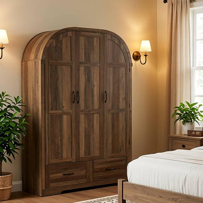 Squireewo 3 Doors Armoire Wardrobe Closet with Doors and Drawers, 71" Farmhouse Arched Wooden Wardrobe Cabinet with Mirror and Lights, Large Armoire Storage Cabinet with Shelves & Hanging Rod,Oak
