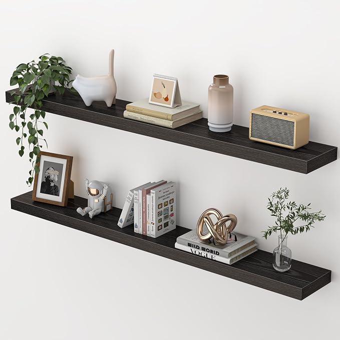 Heimlove 48 Inch Floating Shelves for Wall,Extra Long Wood Shelves Mounted Storage Hanging Shelf Invisible Bracket for Bedroom,Living Room,Kitchen,Office,Set of 2,Black