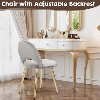 Vanity Chair with Adjustable Backrest, Velvet Upholstery Armless Makeup Stool, Gray Velvet Vanity Stool with Gold Metal Legs for Bedroom Living Room Kitchen Dinning Room (Gold and Gray)