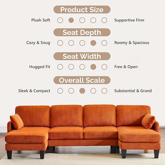 VINGLI 108" W U-Shaped Sectional Couches for Living Room, Sturdy Wooden Armrest Corduroy Cloud Couch with Double Chaise, High Support Modern 4-Seat Sectional Sofa for Apartment, Offices, Orange