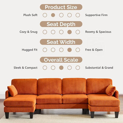 VINGLI 108" W U-Shaped Sectional Couches for Living Room, Sturdy Wooden Armrest Corduroy Cloud Couch with Double Chaise, High Support Modern 4-Seat Sectional Sofa for Apartment, Offices, Orange
