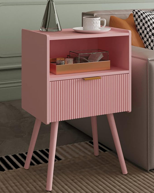 Veegle Nightstand,Modern Bedside Table with Storage Drawer and Open Wood Shelf, Accent Night Stand with Solid Wood Legs for Living Room, Bedroom and Small Spaces,Easy Assembly (Pink)