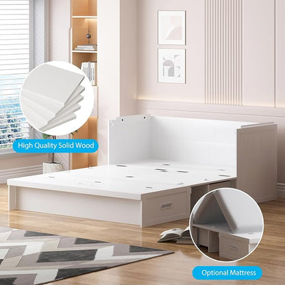 Mjkone Murphy Bed, Queen Hidden Cabinet Bed with Built-in USB Charging Station and 2 Storage Drawers, Murphy Wall Beds Cabinet Beds for Living Room, Guest Room, Apartment, White (No Mattress)
