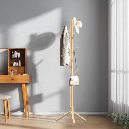 Aliphon Wooden Coat Rack Stand, Freestanding Coat Rack with 8 Hooks, 3 Adjustable Size Coat Tree for Hats, Coats, Scarves bags, Coat Hanger Stand Used in Bedroom/Office/Entryway,2 PCS (Natural)