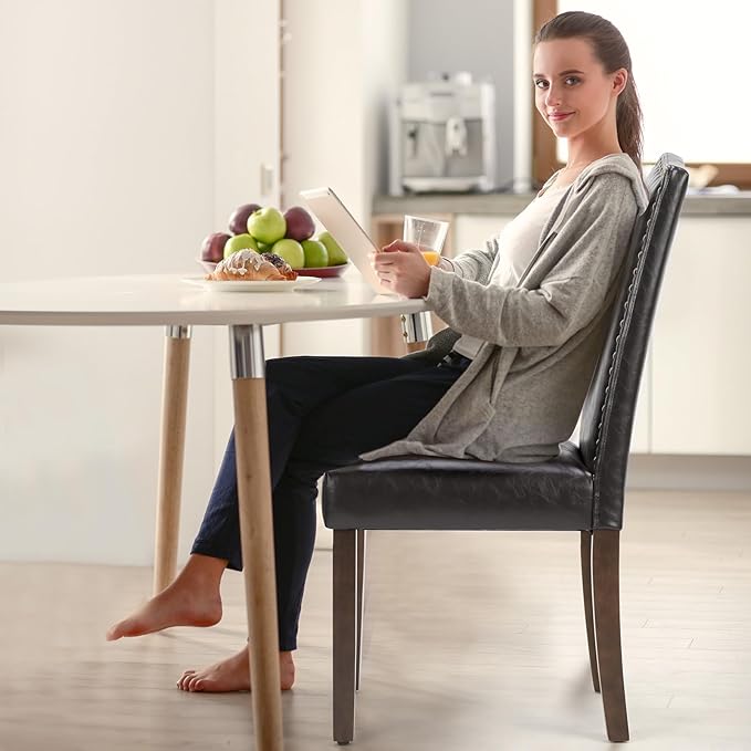 DUMOS Dining Chairs Set of 2, PU Leather Upholstered Kitchen Chairs with Wooden Legs and Padded Seat, Modern Accent Chair for Dining Room, Kitchen, Living Room, Restaurant, Brown