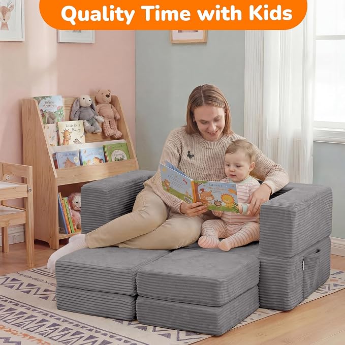 MeMoreCool Modular Kids Couch – Light Grey Foam Play Sofa Bed Convertible Toddler Couch | Soft Corduroy Cover | Washable | Bedroom & Playroom Furniture