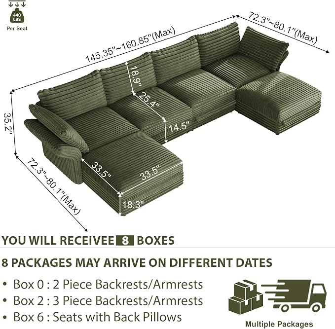 DreamDashio 159” 6-Seat U-Shaped Sectional Sofa, Oversized Extra Wide Deep Seat Detachable Modular Cloud Couch, Certified Corduroy Fabric with Storage & High Backs, for Home Theater, Green