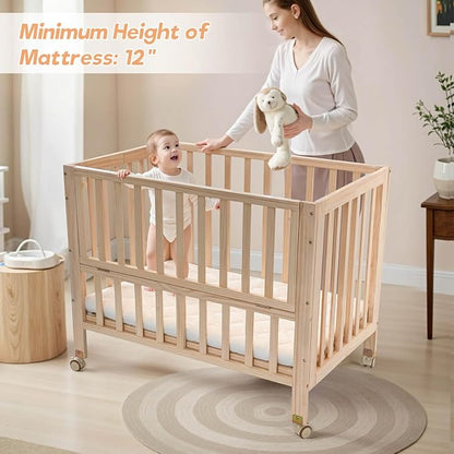 Flwrgirl Folding Wood Bedside Bassinet - Portable 4-in-1 Baby Bassinet with Breathable Mattress,3 Heights Baby Crib with Wheels,Mini Crib for Infant Newborn and Small Space,Unpainted
