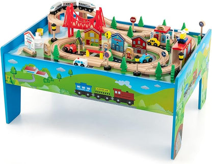 Costzon Train Table, 80 Pcs, Wooden Kids Activity Table Playset with Reversible & Detachable Tabletop, Solid Wood Tracks, Train, Railway, City, DIY Design, Gift for Boys & Girls, Multi-Color