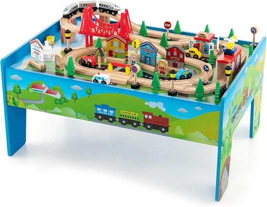 Costzon Train Table, 80 Pcs, Wooden Kids Activity Table Playset with Reversible & Detachable Tabletop, Solid Wood Tracks, Train, Railway, City, DIY Design, Gift for Boys & Girls, Multi-Color
