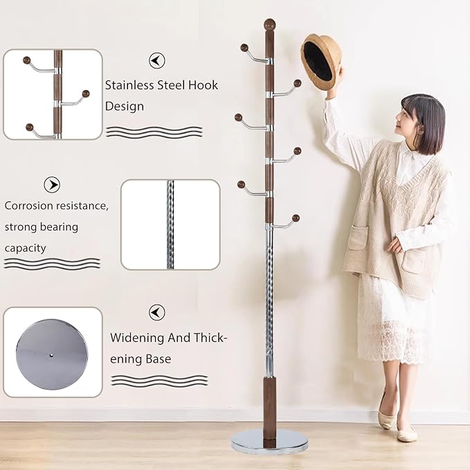 Wooden Coat Rack Freestanding, Hall Tree Hanger With Resin Hooks, Adjustable Heavy Duty Coat Rack for Hanging Clothes Bags Hats in Living Room Bedroom (coat rack, metal-cherry color)