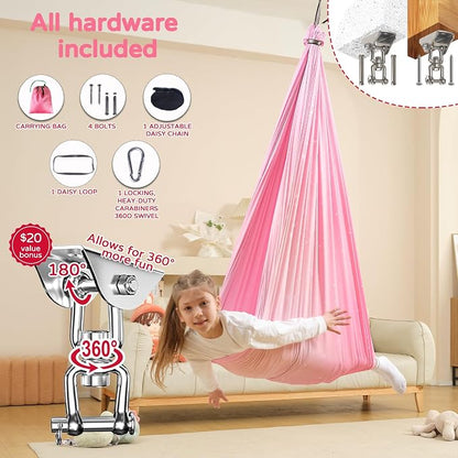 Sensory Swing for Kids Indoor & Outdoor Double Layer Therapy Cuddle Hammock Chair with 360° Swivel Hanger Kit Adjustable Child and Adult Aspergers Autism ADHD (Pink) (WUBOTIYU010)